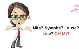 Lice Geek technician with arms opened with words "Nits? Nymphs? Louse? Lice? Oh My!"