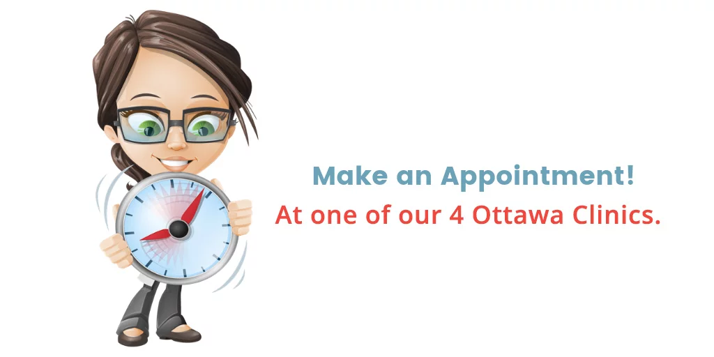 lice geek technician holding a clock with words "make an appointment at one of our Ottawa clinic"